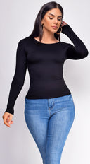 Nora Basic Long Sleeve Top in Black full length front view on model