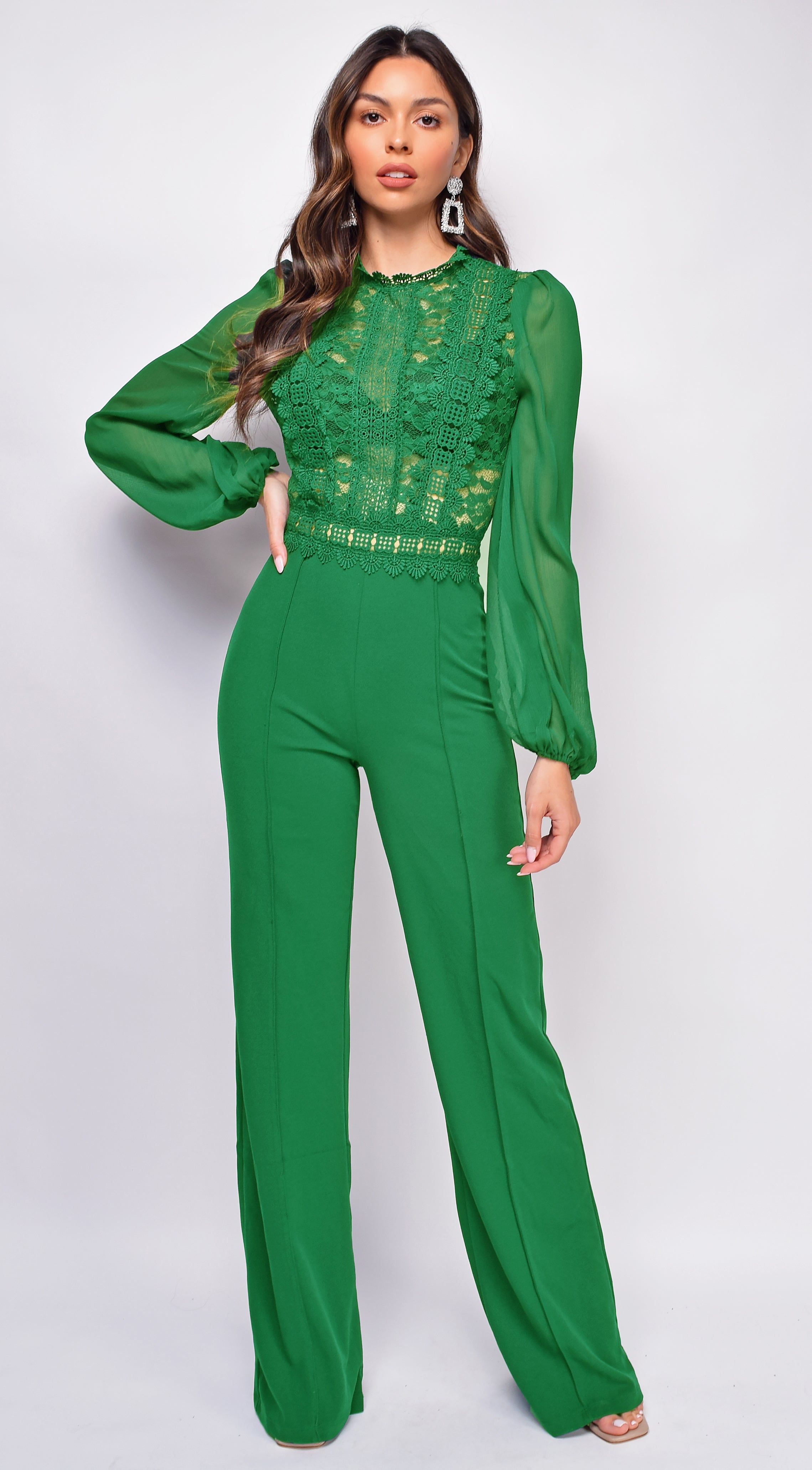 Nerine Crochet Lace Mesh Jumpsuit - Kelly Green