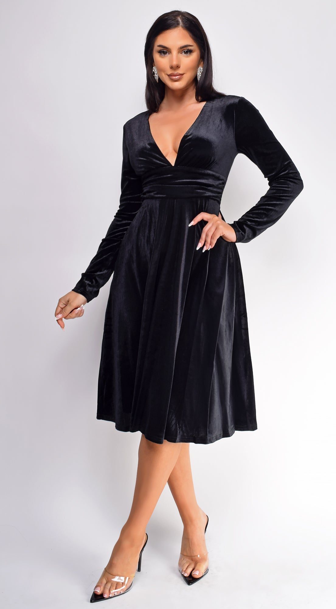 Peony Black V Neck Velvet Midi Dress