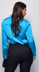Blerina Button Down Satin Shirt in Blue close-up of satin fabric