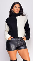 Kaia Black White Color Block Turtle Neck Sweater Top