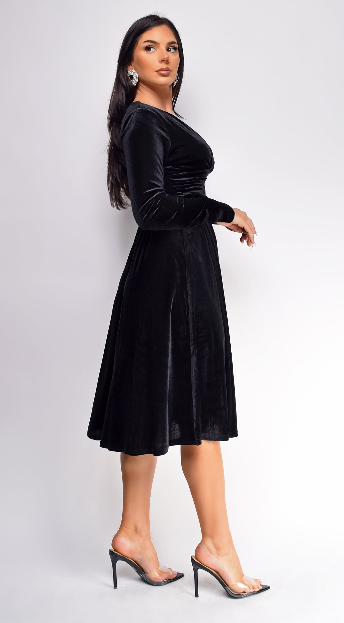 Peony Black V Neck Velvet Midi Dress