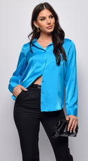 Blerina Button Down Satin Shirt in Blue full length front view on model