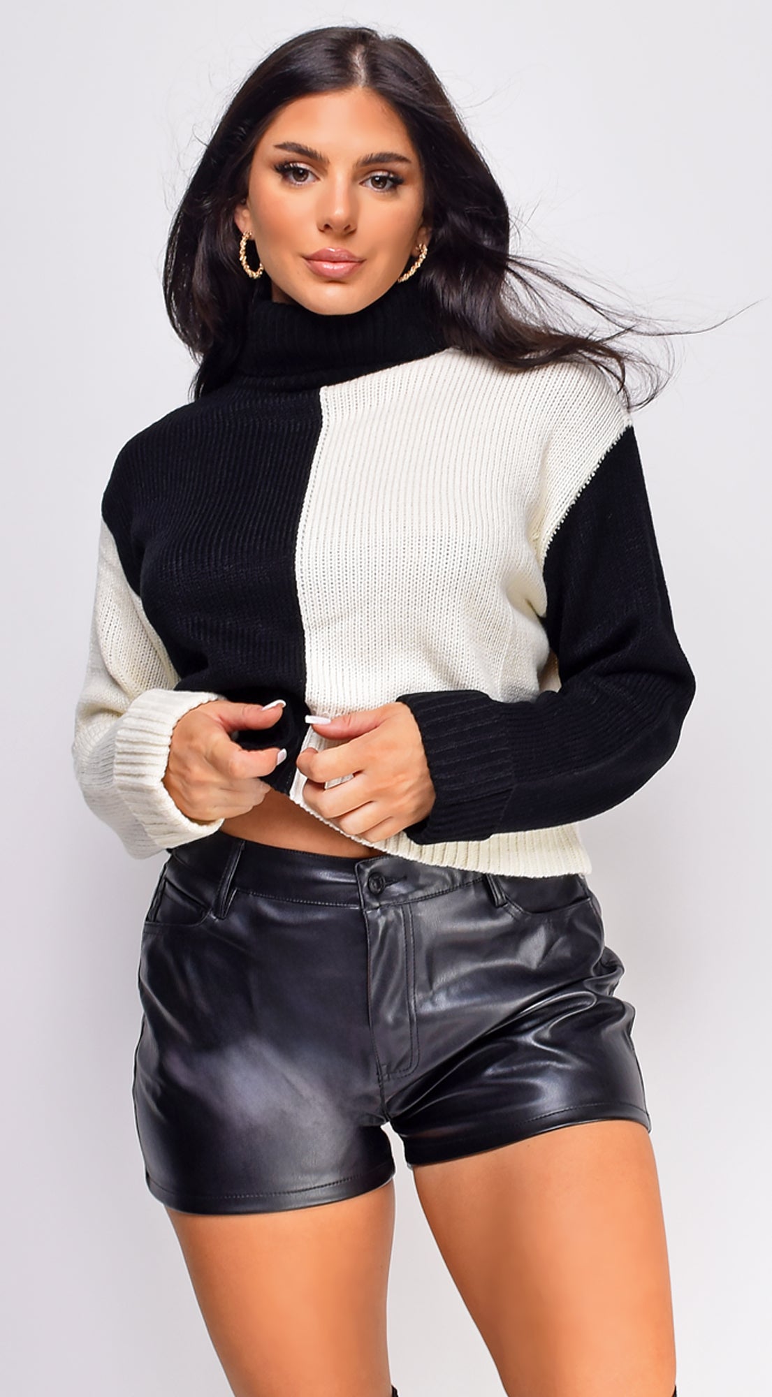 Kaia Black White Color Block Turtle Neck Sweater Top