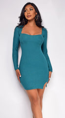 Arsenie Hunter Green Long Sleeve Sweater Ribbed Side Slit Mini Dress