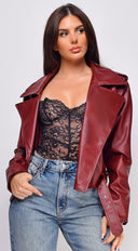 Piper Faux Leather Jacket in Burgundy back view on model