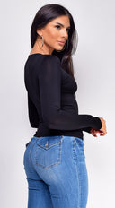 Nora Basic Long Sleeve Top in Black close-up of fabric and construction