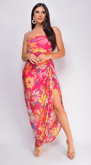 Chana Floral Mesh Side Slit Tube Maxi Dress - Pink