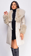 Roma Cream Beige PU Leather Faux Fur Coat styled outfit flat lay
