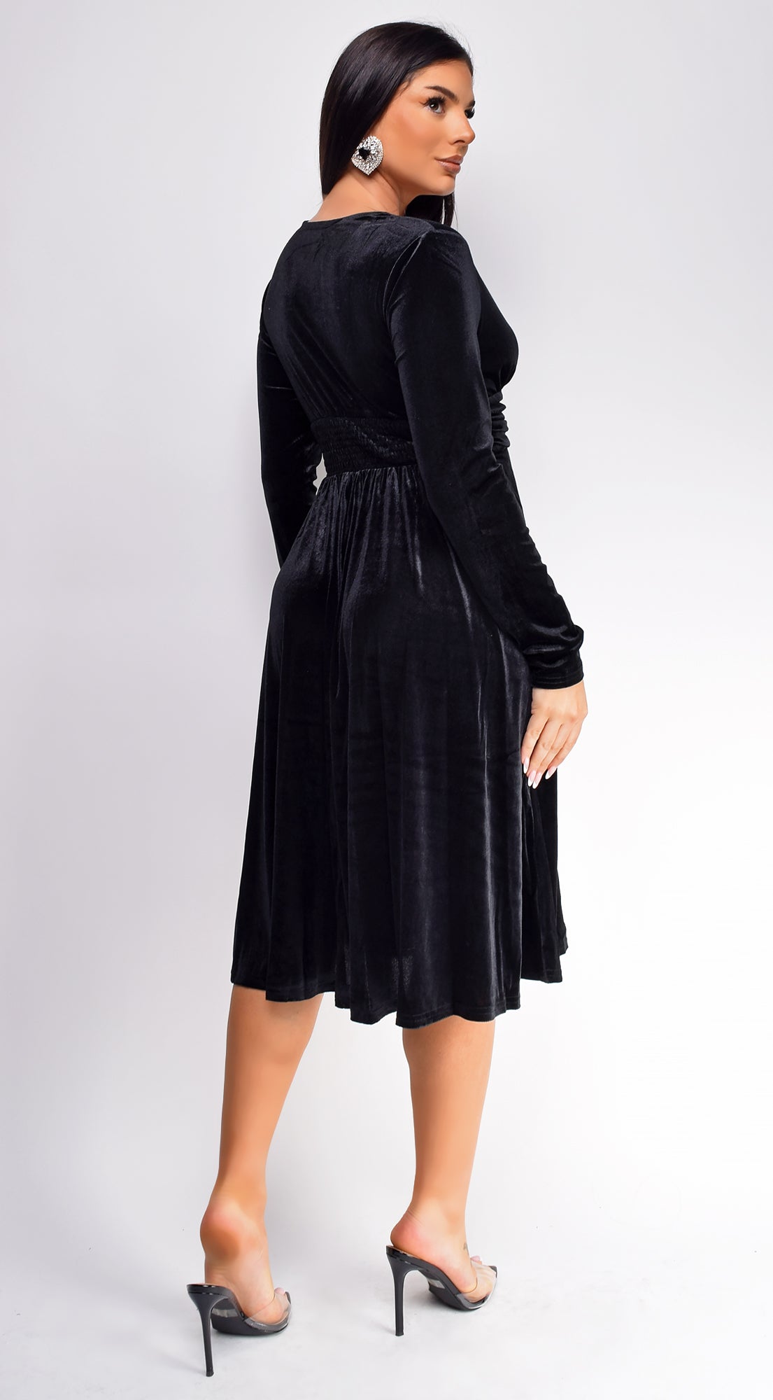 Peony Black V Neck Velvet Midi Dress