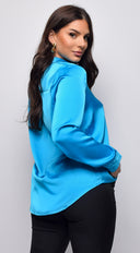Blerina Button Down Satin Shirt in Blue side profile view on model