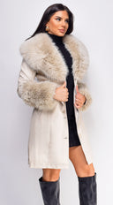 Roma Cream Beige PU Leather Faux Fur Coat side profile view on model