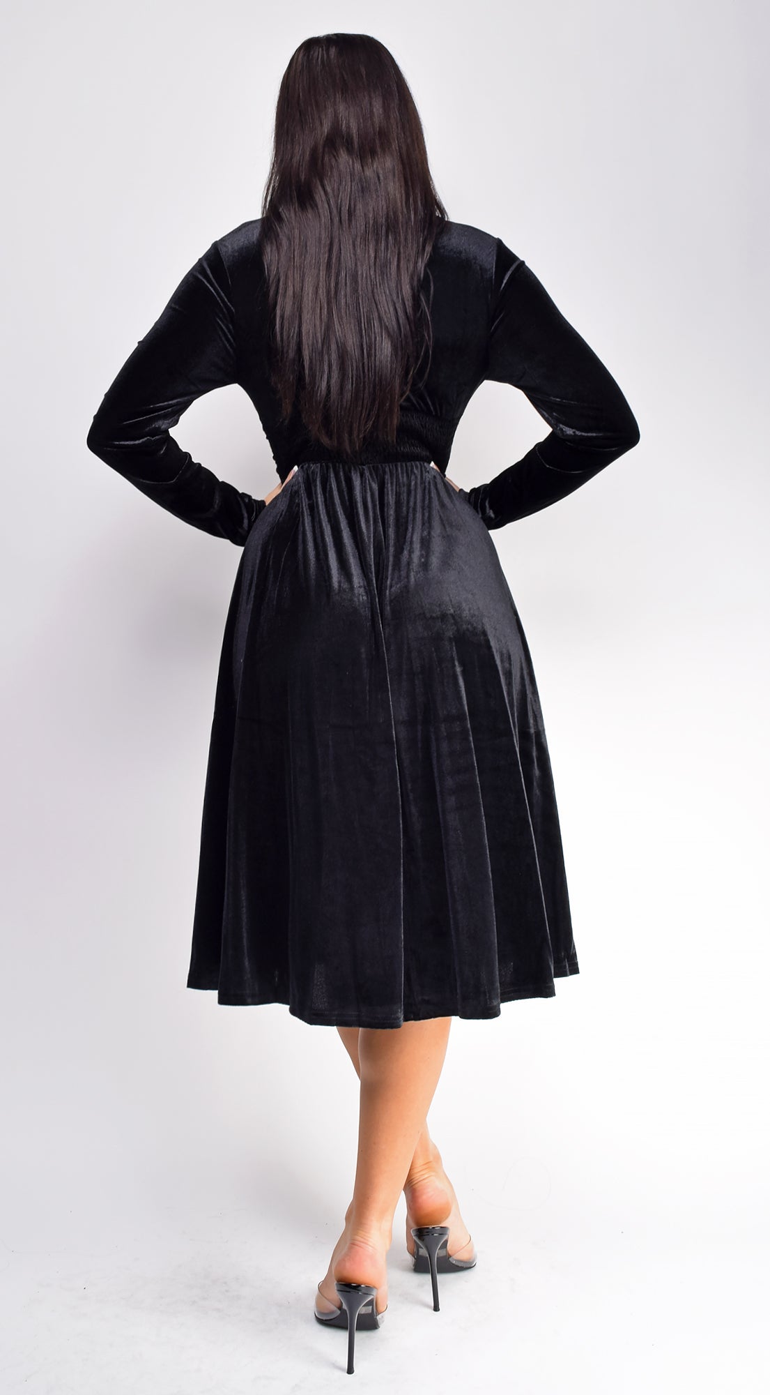 Peony Black V Neck Velvet Midi Dress