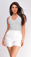 Rey Stripe Button Front Henley Crop Top in Ivory back view on model