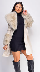 Roma Cream Beige PU Leather Faux Fur Coat close-up of faux leather finish