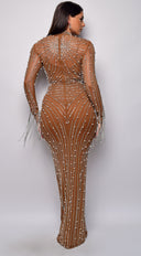 Emiliana Rhinestone Pearl Maxi Dress - Brown