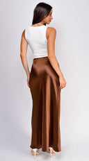 Ophelia Satin Slip Midi Skirt - Brown