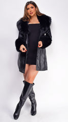 Roma Black PU Leather Faux Fur Coat