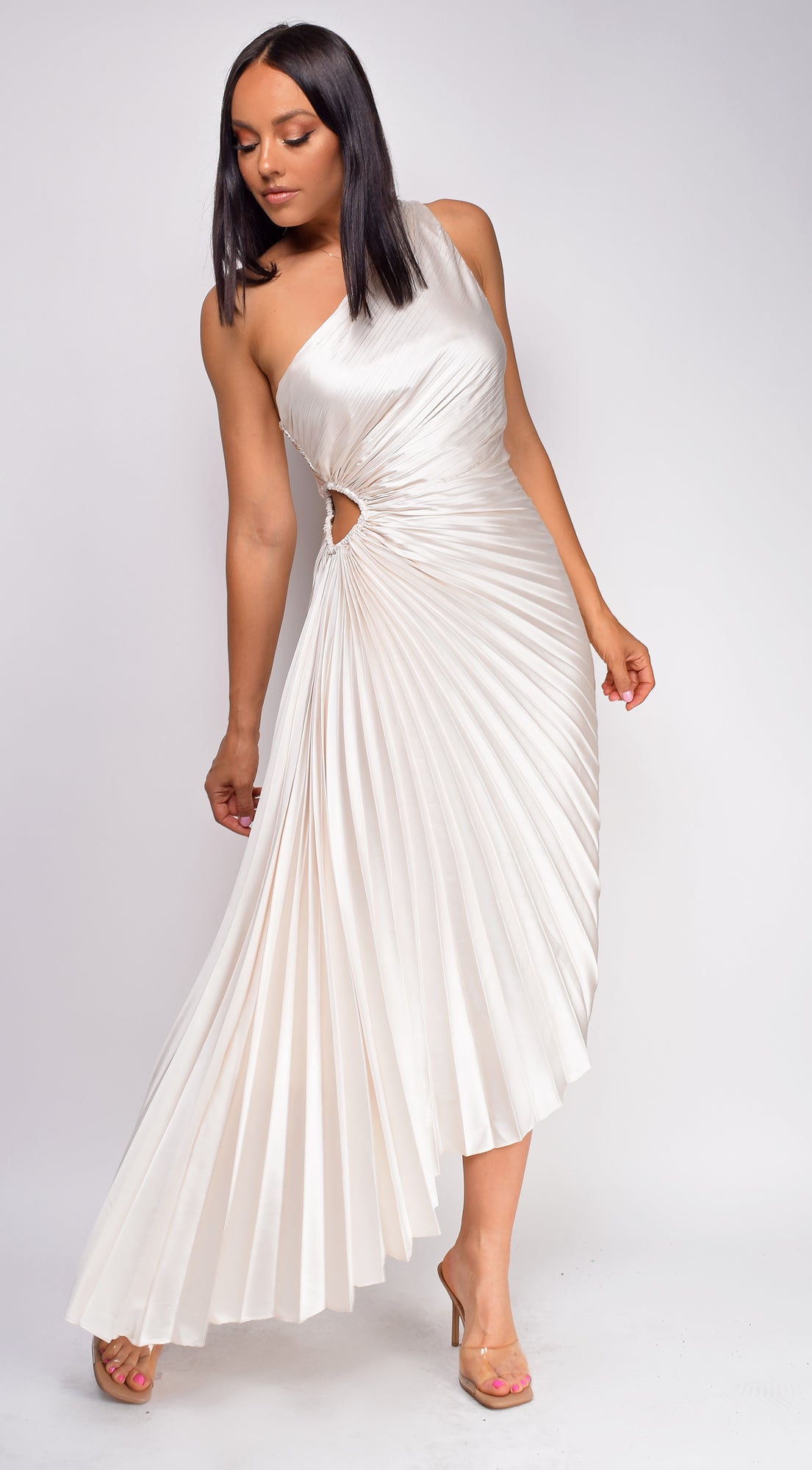 River Pearl Beige Asymmetrical Pleated Maxi Dress