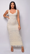 Greece Beige Crochet Maxi Dress styled outfit flat lay