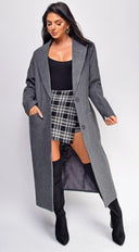 Yeva Gray Long Collared Coat hemline and silhouette detail