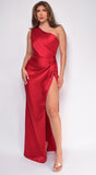 Elina Red Satin One Shoulder Side Slit Maxi Dress