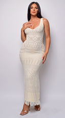 Greece Beige Crochet Maxi Dress side profile view on model