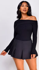 Opal Black Off Shoulder Ribbed Sweater Top close-up of ribbed knit texture