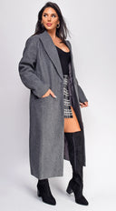Yeva Gray Long Collared Coat styled outfit flat lay
