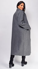 Yeva Gray Long Collared Coat back view on model