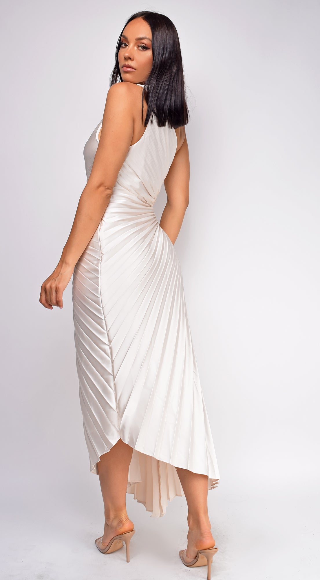 River Pearl Beige Asymmetrical Pleated Maxi Dress