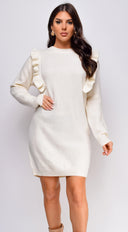 Juno Long Sleeve Ruffle Detail Sweater Mini Dress in Ivory back view on model