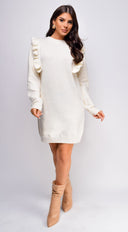 Juno Long Sleeve Ruffle Detail Sweater Mini Dress in Ivory side profile view on model