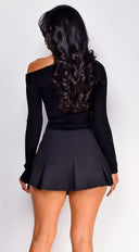 Opal Black Off Shoulder Ribbed Sweater Top styled outfit flat lay