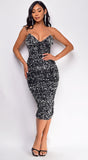 Raine Silver Black Velvet Sequin Midi Dress
