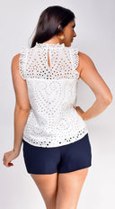 Senna Sleeveless Eyelet Lace Top in White side profile view on model