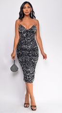 Raine Silver Black Velvet Sequin Midi Dress