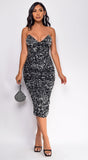 Raine Silver Black Velvet Sequin Midi Dress