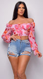 Aless Pink Off Shoulder Chiffon Floral Print Top