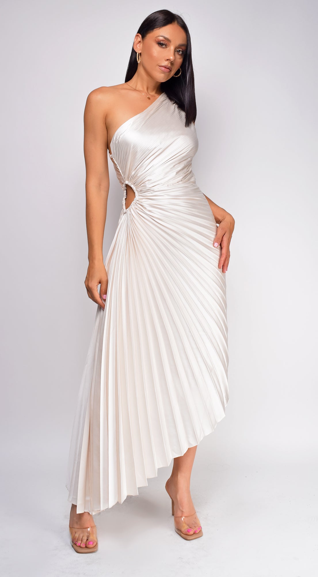 River Pearl Beige Asymmetrical Pleated Maxi Dress