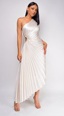 River Pearl Beige Asymmetrical Pleated Maxi Dress