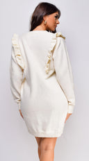 Juno Long Sleeve Ruffle Detail Sweater Mini Dress in Ivory close-up of fabric and construction