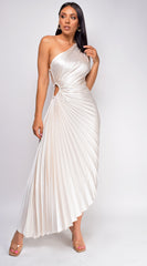 River Pearl Beige Asymmetrical Pleated Maxi Dress