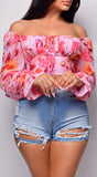 Aless Pink Off Shoulder Chiffon Floral Print Top