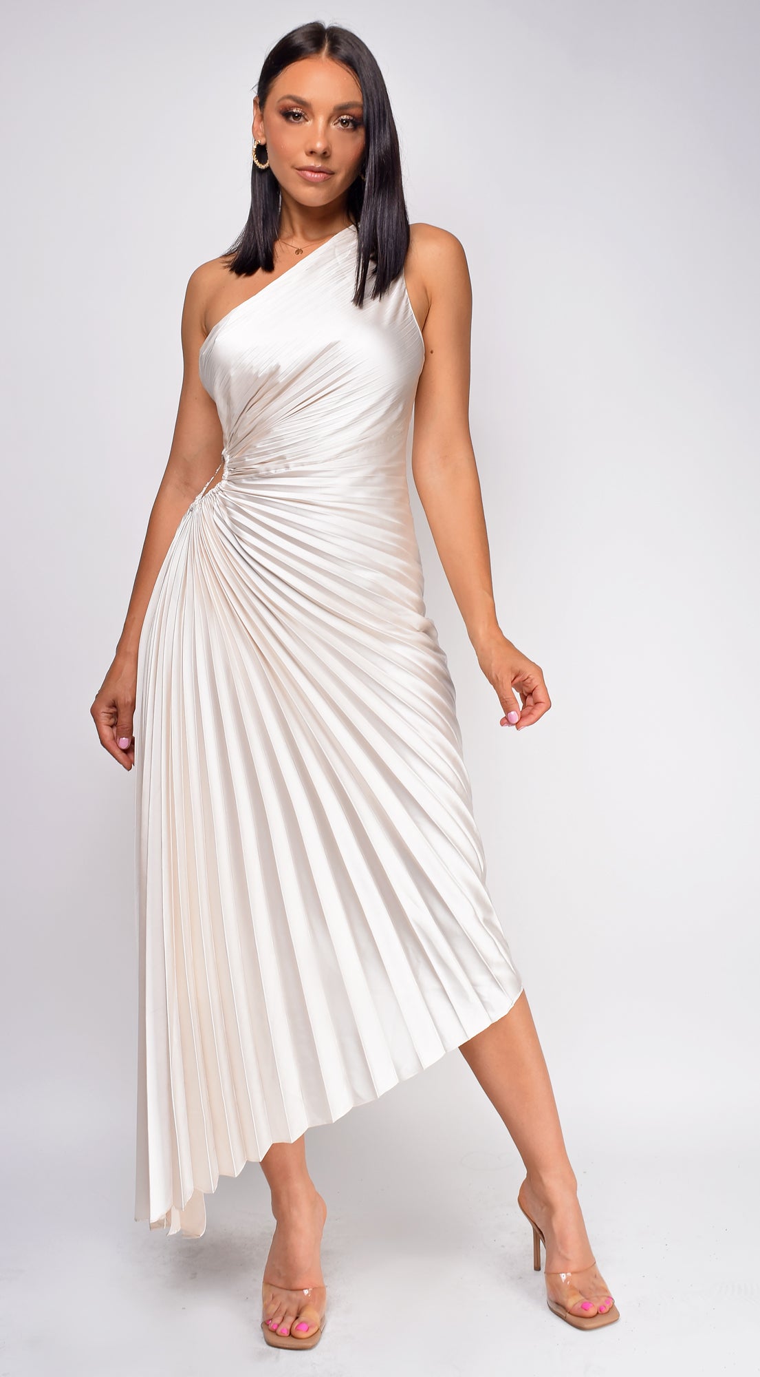 River Pearl Beige Asymmetrical Pleated Maxi Dress