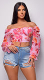 Aless Pink Off Shoulder Chiffon Floral Print Top