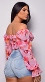 Aless Pink Off Shoulder Chiffon Floral Print Top