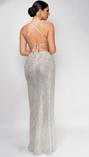 Azara Nude Silver Open Cross Back Sequin Gown