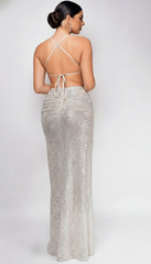 Azara Nude Silver Open Cross Back Sequin Gown