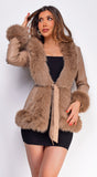 Sasha Taupe Brown PU Leather Faux Fur Trim Coat